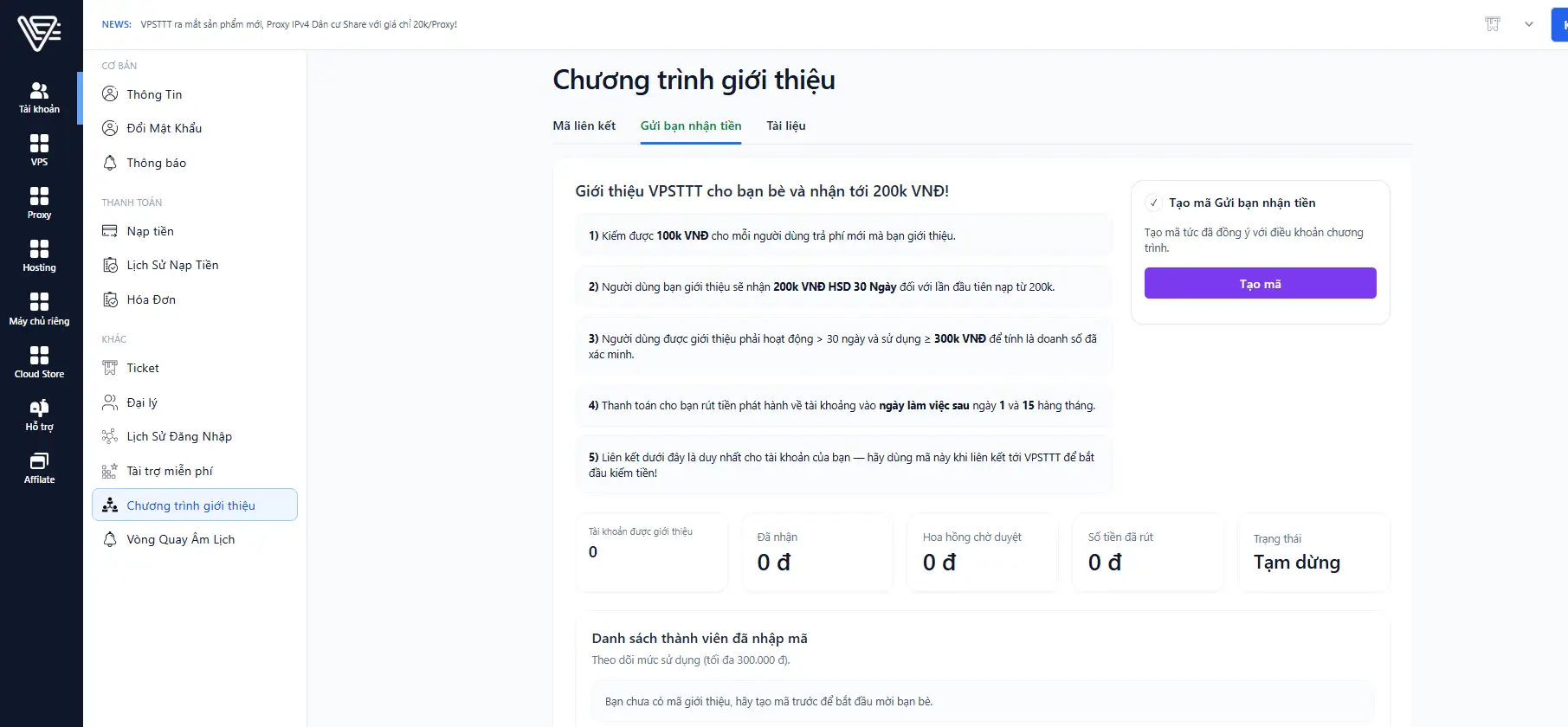 Màn hình tạo mã giới thiệu Affiliate VPSTTT