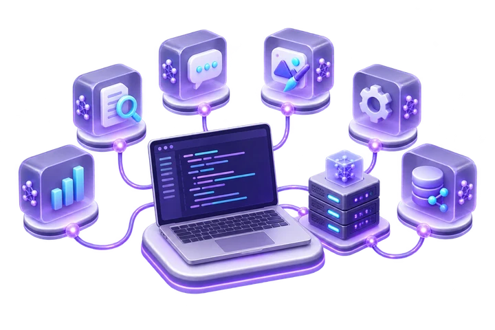 Minh họa nhiều công cụ AI và agent kết nối với môi trường làm việc trên VPS